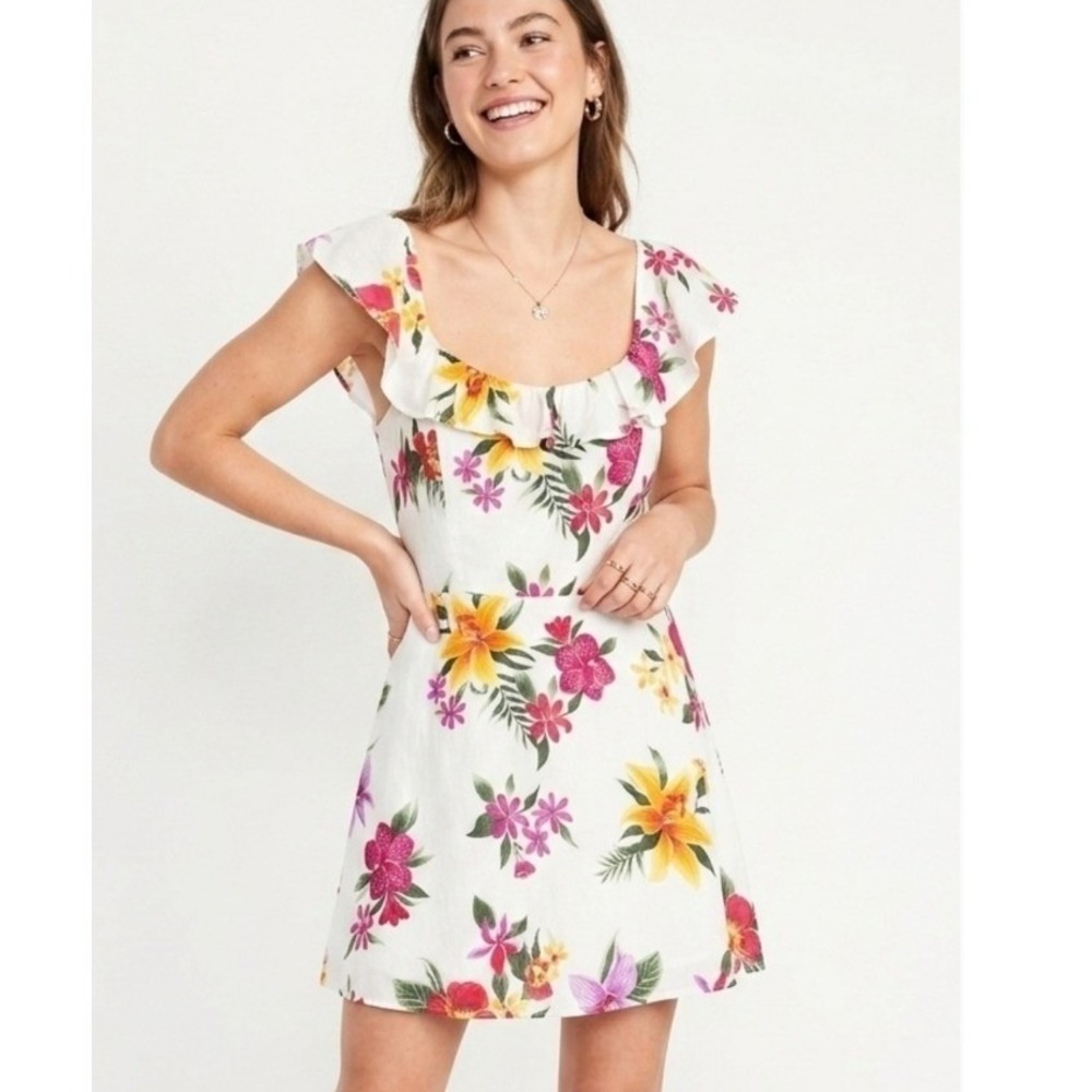 Old Navy Tropical Floral Ruffle Mini Dress Women 1X White Red Beach Vacay Summer